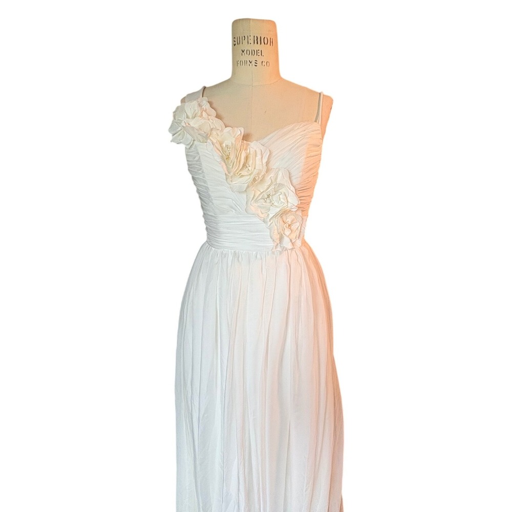 White 3D Floral Chiffon Formal Evening Gown Wedding Dress Maxi Feminine Romantic - Picture 2 of 9